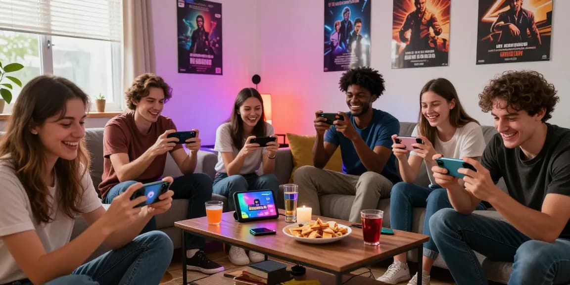 Group of friends playing mobile porn games in a cozy setting