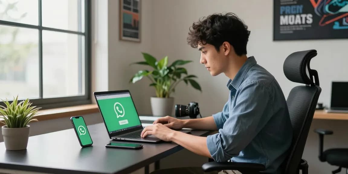 WhatsApp下載 on laptop with professional in modern office