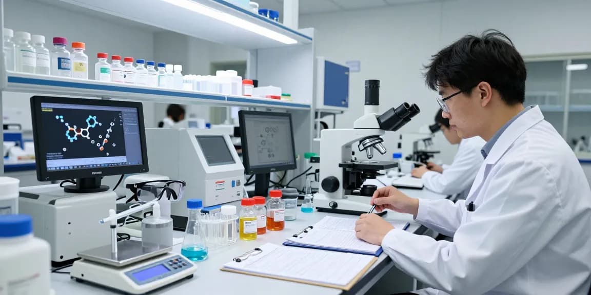 Buy research peptides in a modern lab, featuring vials, syringes, and analytical equipment.