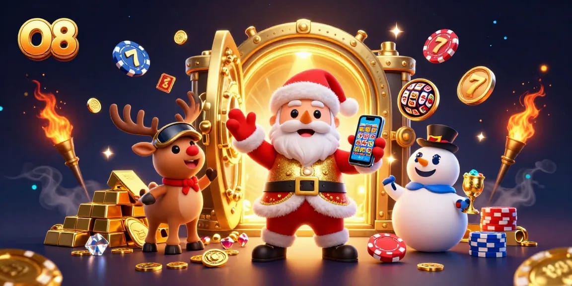 Experience O8's thrilling jackpots with Santa, his reindeer, and a snowman amid gleaming casino treasures.