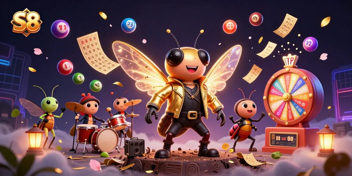 Engage with S8's vibrant gaming experience through ultra-detailed illustration of a rock star cicada and dynamic casino elements.