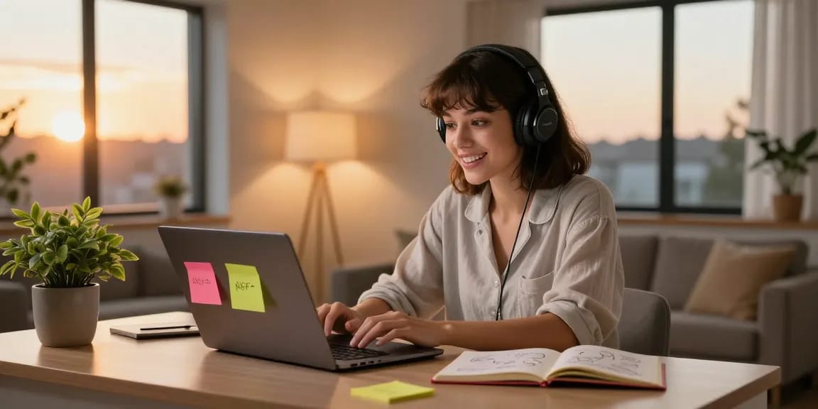 Youthful woman enjoying an engaging ai nsfw chat experience in a cozy living room.