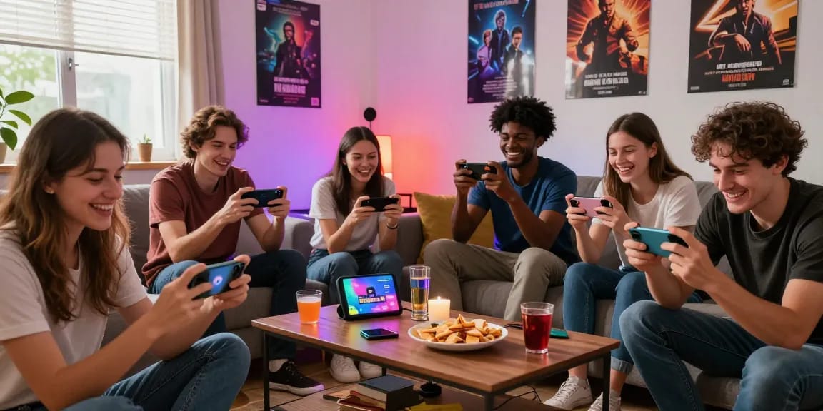 Group of friends playing mobile porn games in a cozy setting