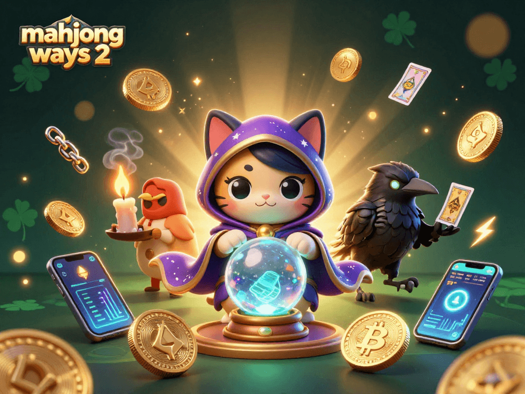 Engage with mahjong ways 2 in this vibrant 3D scene featuring mystical elements and cryptocurrency symbols.