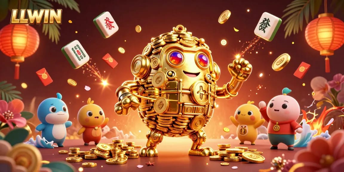 LLWIN captivates players with a golden golem surrounded by vibrant gaming elements and festive decorations.