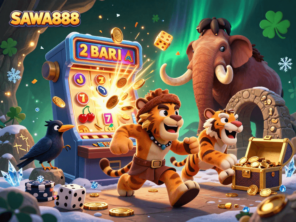 Experience thrilling gameplay at SAWA888 with caveman and tiger duo celebrating casino wins amidst vibrant 3D slot machines.