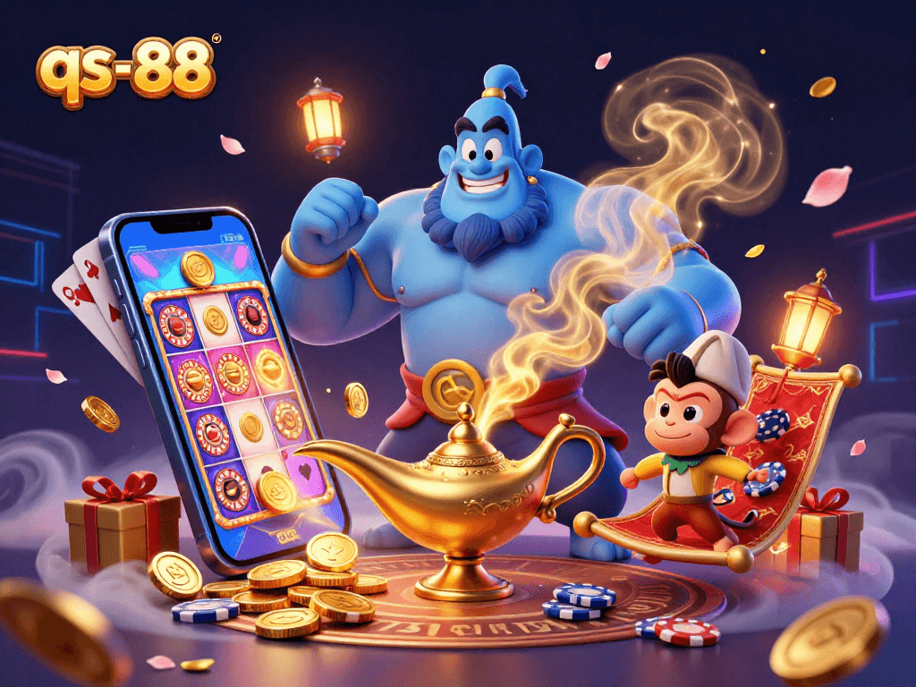 qs-88 showcases a dynamic casino scene with a genie, monkey, and magical elements, enhancing gaming experience.