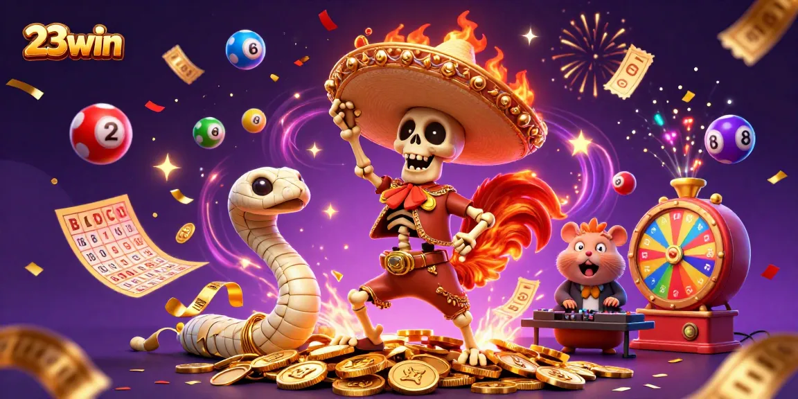 Engage in thrilling gameplay at 23win with lottery balls, golden tickets, and festive celebration elements.