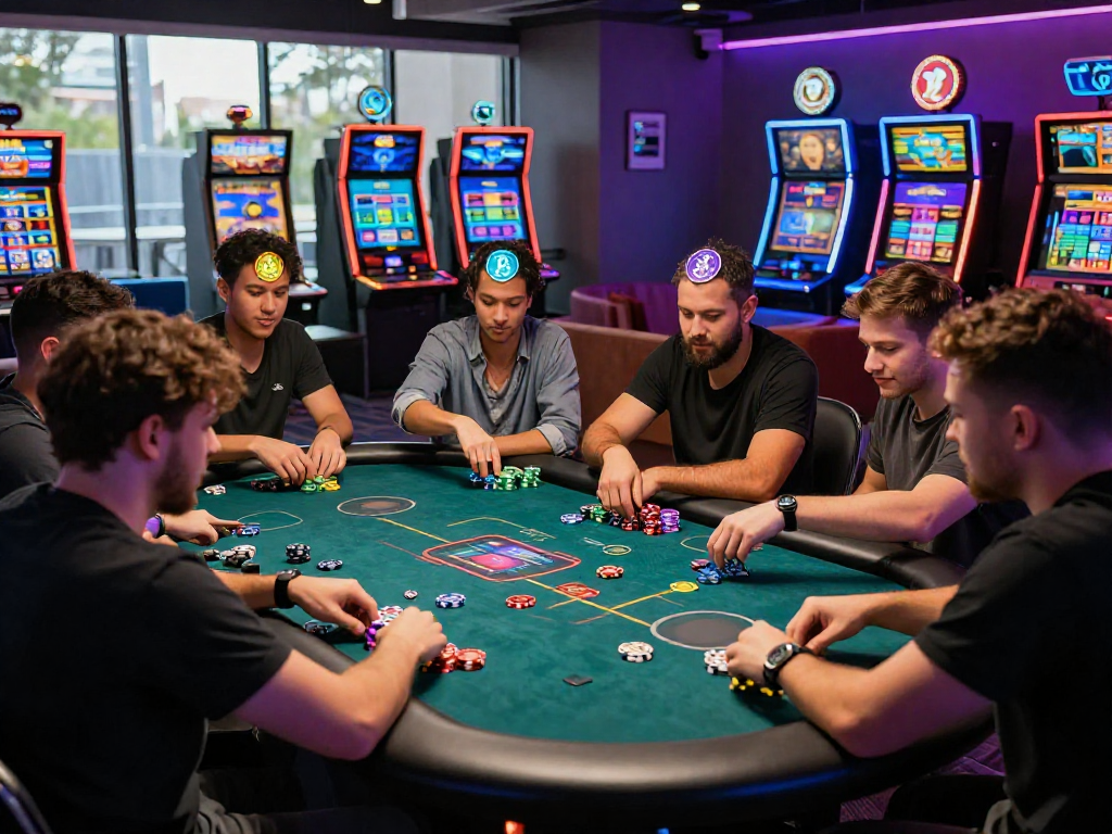 Exciting crypto casino scene with diverse players enjoying a poker game, showcasing cryptocurrency engagement and high-tech ambiance.