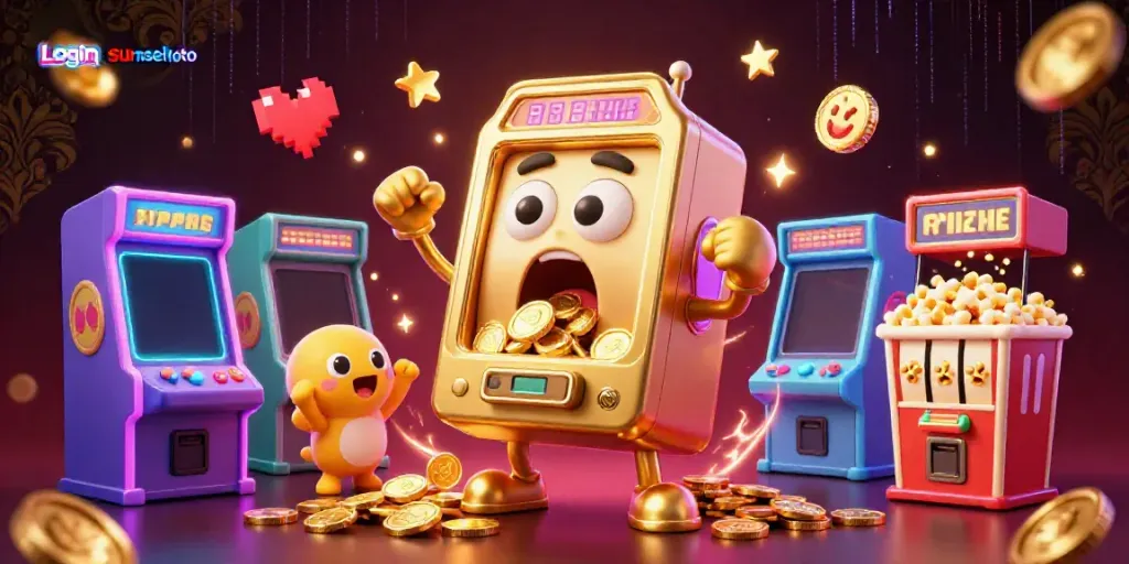 Experience excitement with Login sumseltoto as golden slot machines celebrate a jackpot in a vibrant arcade.