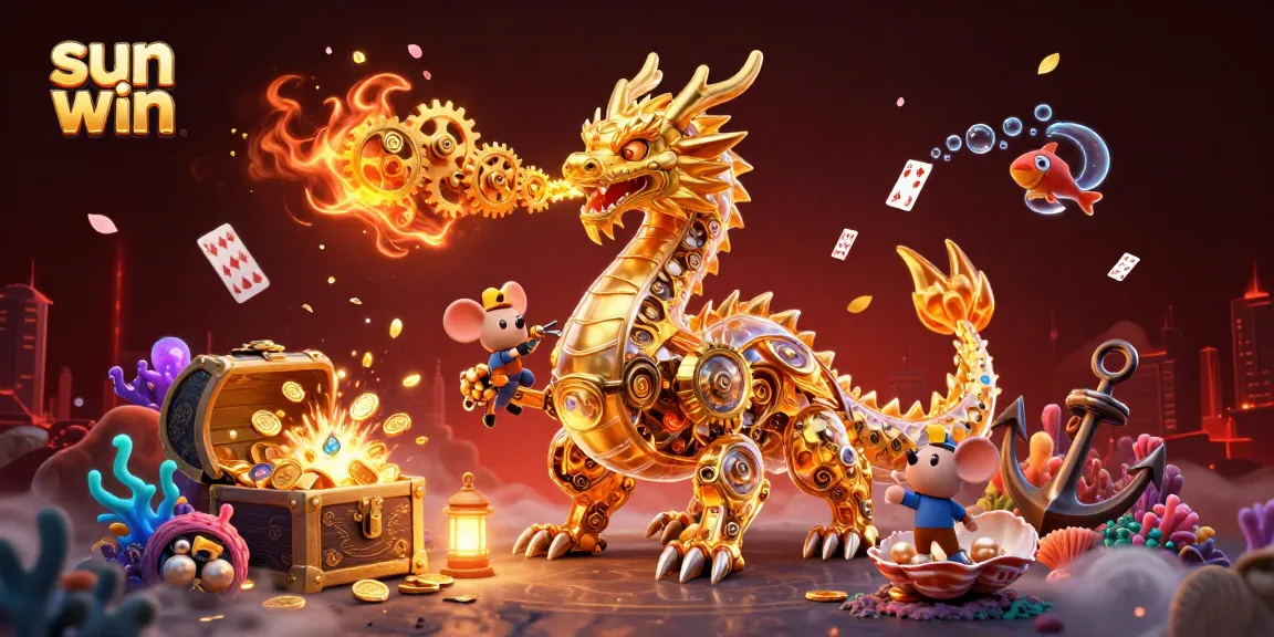 Experience the excitement of sun win as the golden dragon breathes gears and coins while a mouse engineer maintains it.