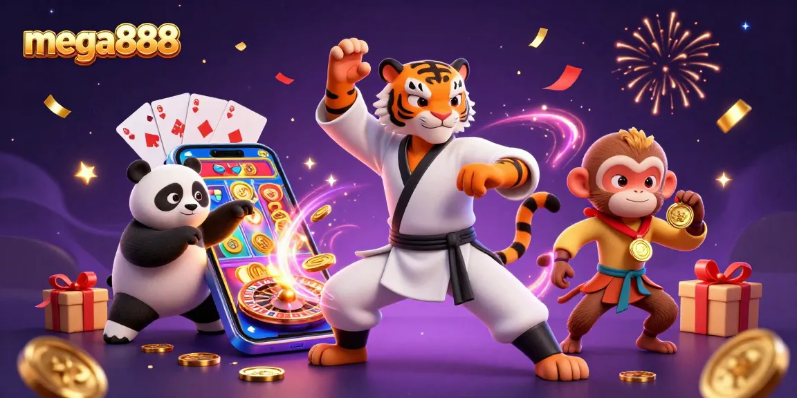 Experience thrilling action in mega888 with a kung fu tiger master, panda disciple, and mischievous monkey amid casino excitement.