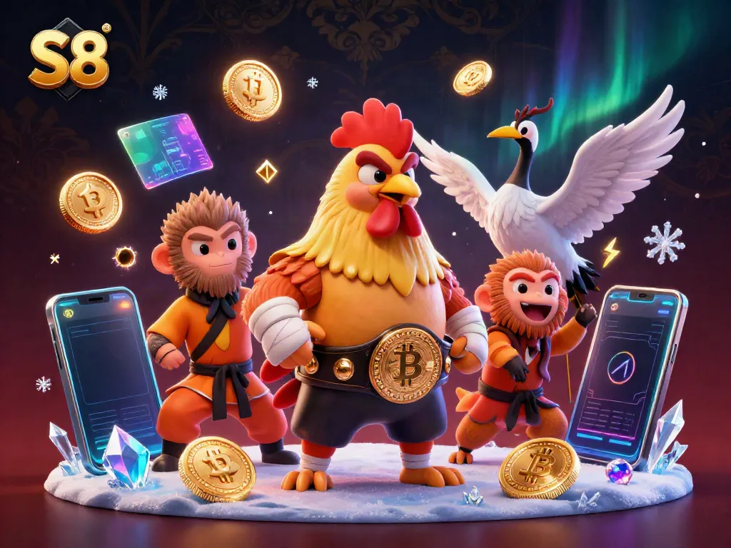 Engage in thrilling gameplay with S8 as cartoon warriors and crypto coins create a vibrant casino scene.