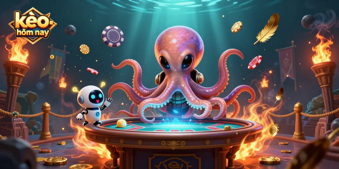 Engage with kèo nhà cái hôm nay through a vibrant 3D scene featuring an alien octopus at a holographic poker table.