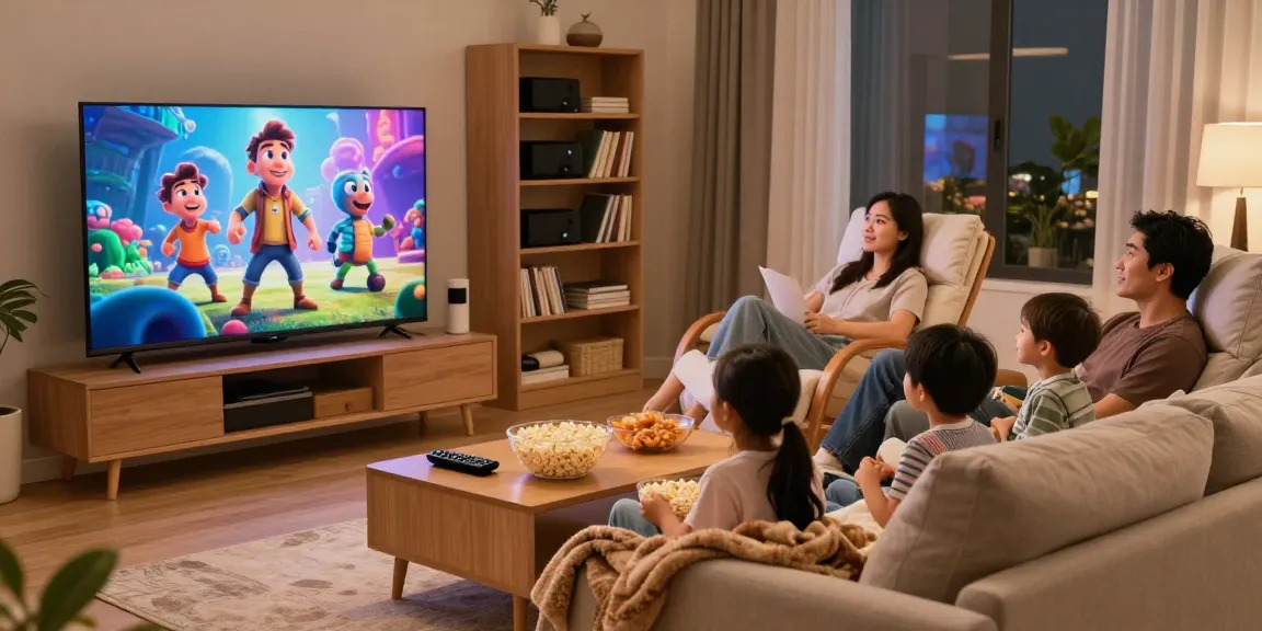 A family enjoying a movie night on a vibrant mini LED TV in a cozy living room.