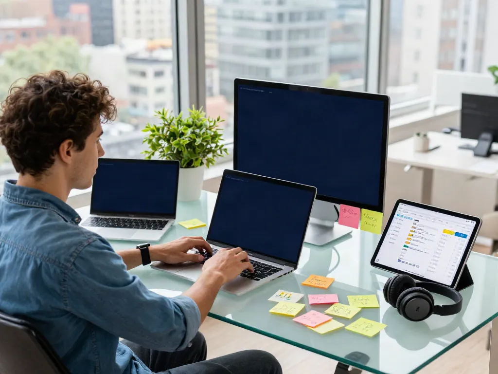 Person using instant indexing tools on laptop in modern workspace with city view