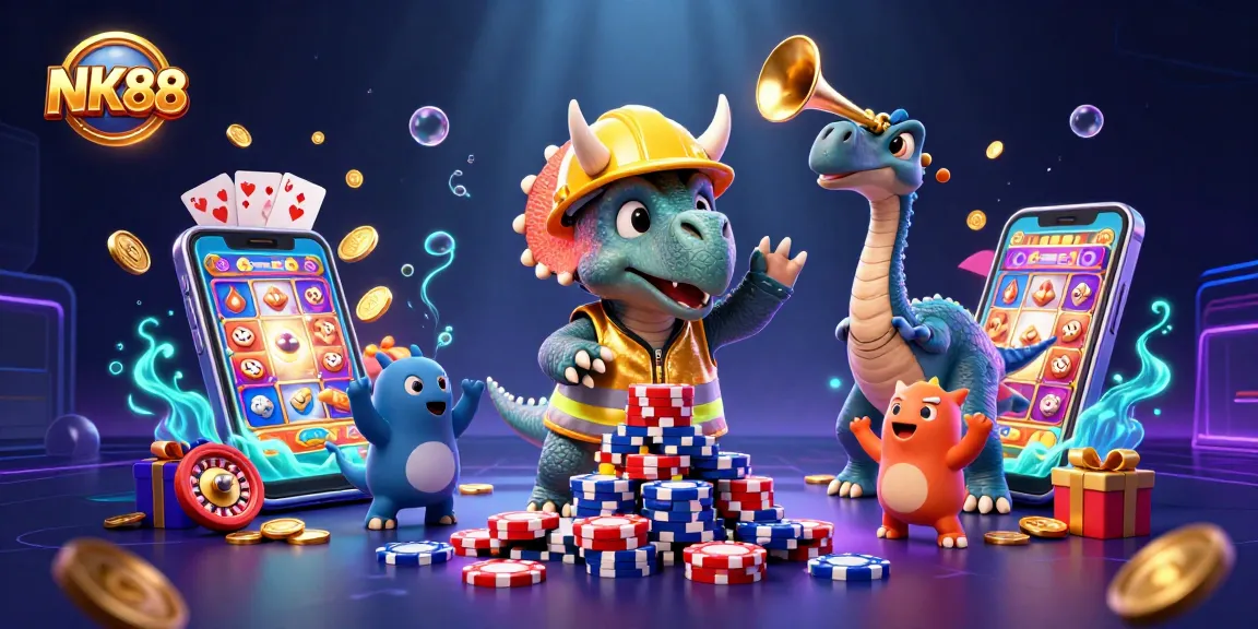 Experience the thrill of winning at NK88 with cartoon dinosaurs celebrating casino fun!