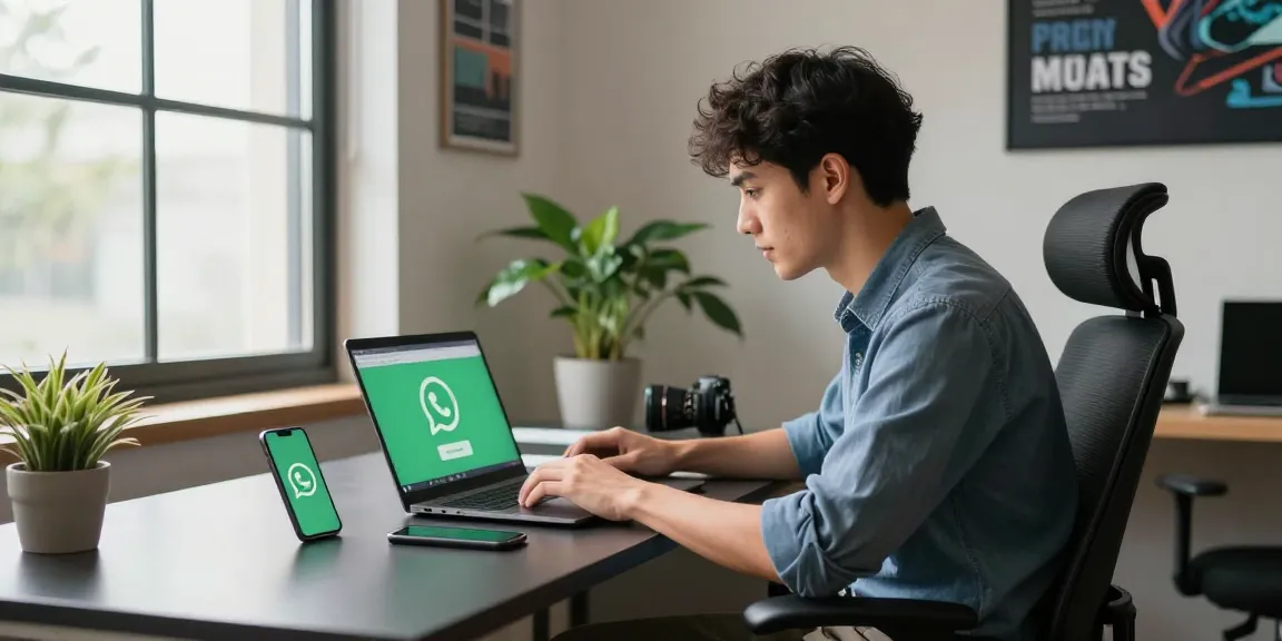WhatsApp下載 on laptop with professional in modern office