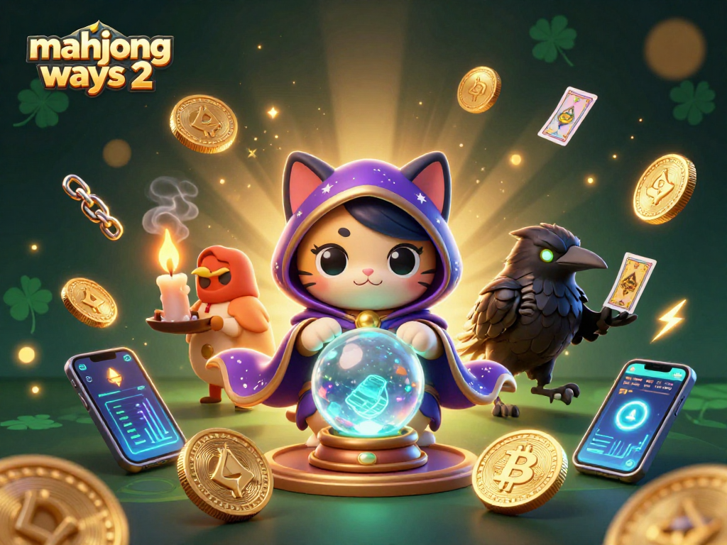 Engage with mahjong ways 2 in this vibrant 3D scene featuring mystical elements and cryptocurrency symbols.