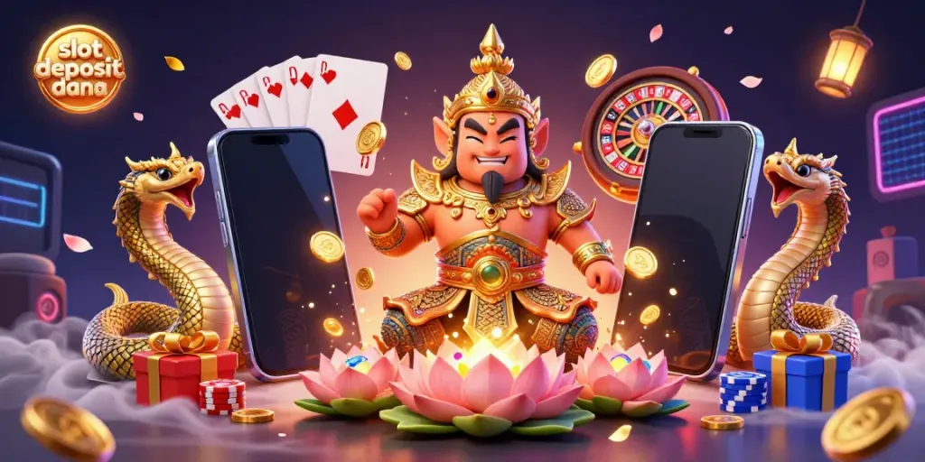 Engage with thrilling slot games using slot deposit dana, showcasing colorful games and dynamic cash action.