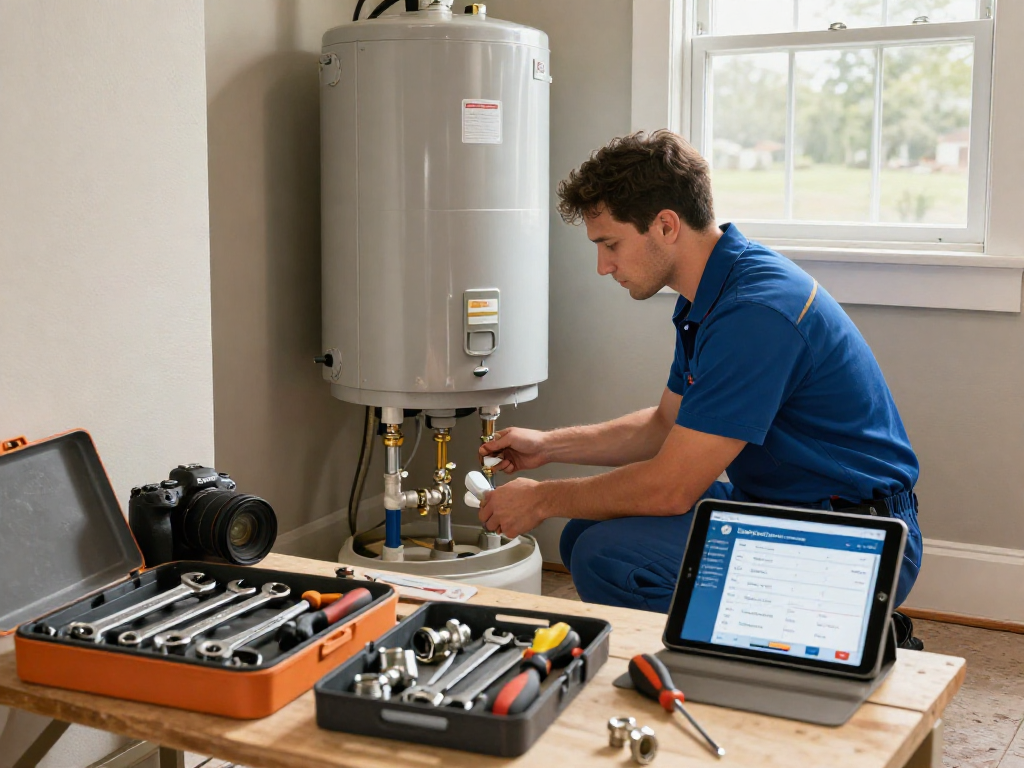 Water heater replacement Fort Worth with professional plumber examining installation in a residential setting.