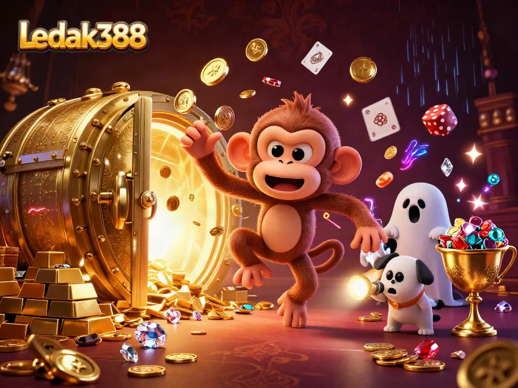 Experience the thrilling gameplay at Ledak388 with this vibrant casino scene featuring a playful ghost-hunter puppy.