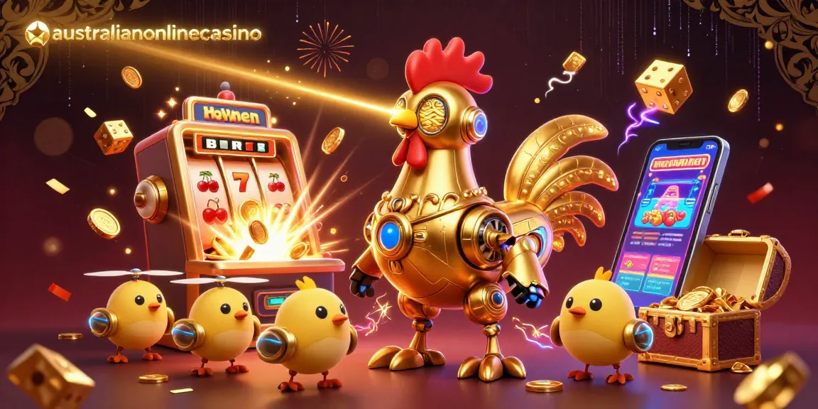 A dynamic scene showcasing australianonlinecasino with a golden rooster robot, slot machine explosion, and baby chick drones in a vibrant casino atmosphere.