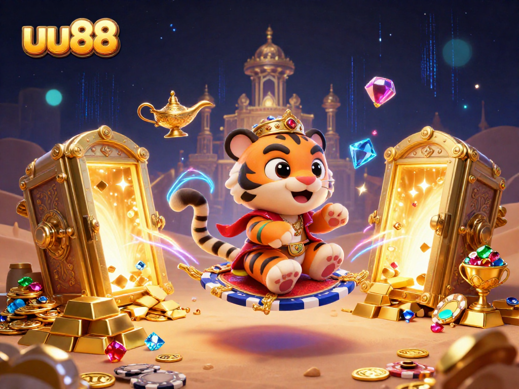 Experience the thrill of uu88 with our vibrant casino illustration showcasing a wealthy sultan among rich treasures.