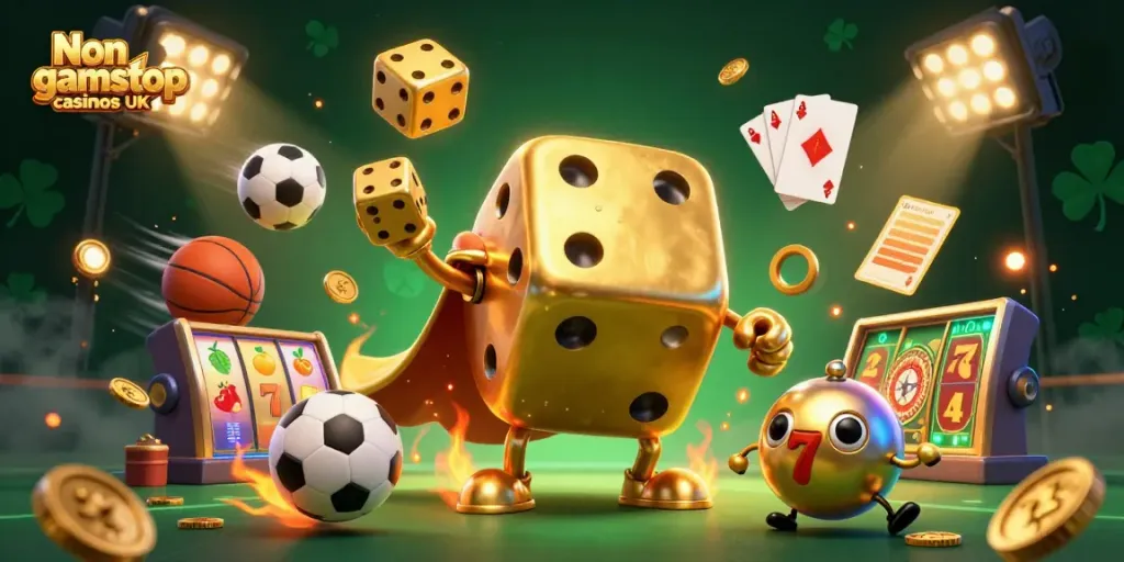 Engage in thrilling gameplay at Non gamstop casinos UK with golden dice characters and dynamic casino elements.