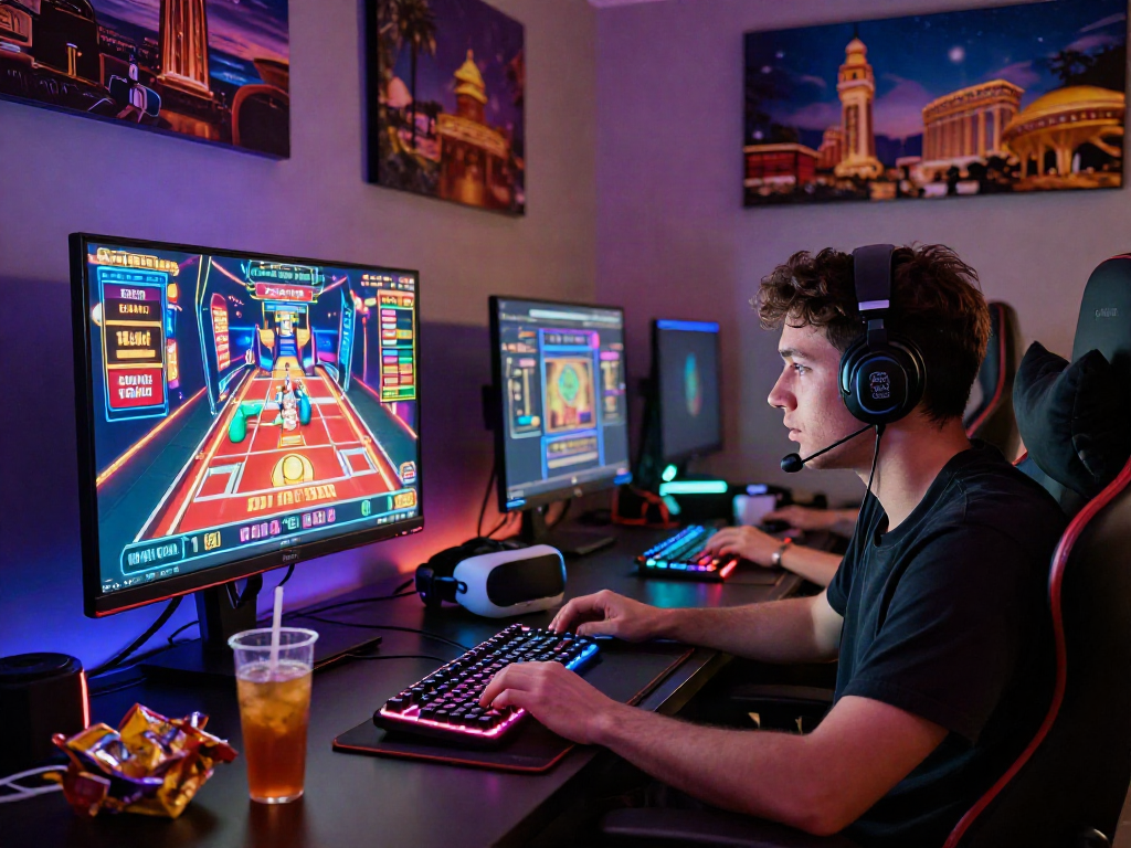 Gamer on https://789win11.org/ with immersive gaming setup, showcasing vibrant casino games and tech.