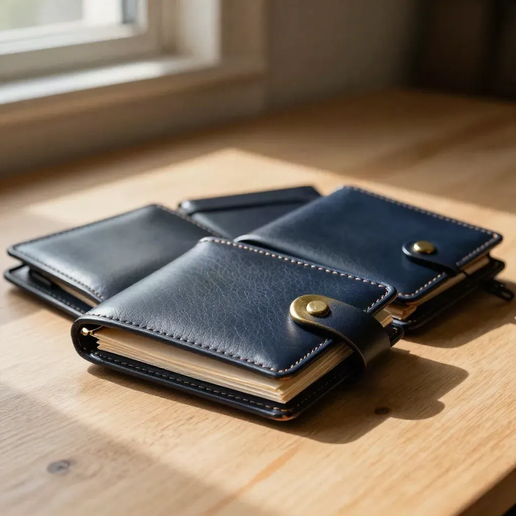 Navy leather file wallets with brass clasp and black ribbon on pale oak
