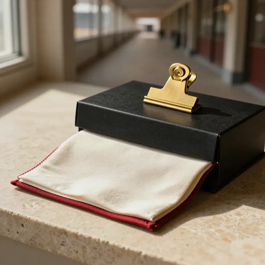 Sponsor kit with folded cloth swatch, black box and brass badge clip on limestone.