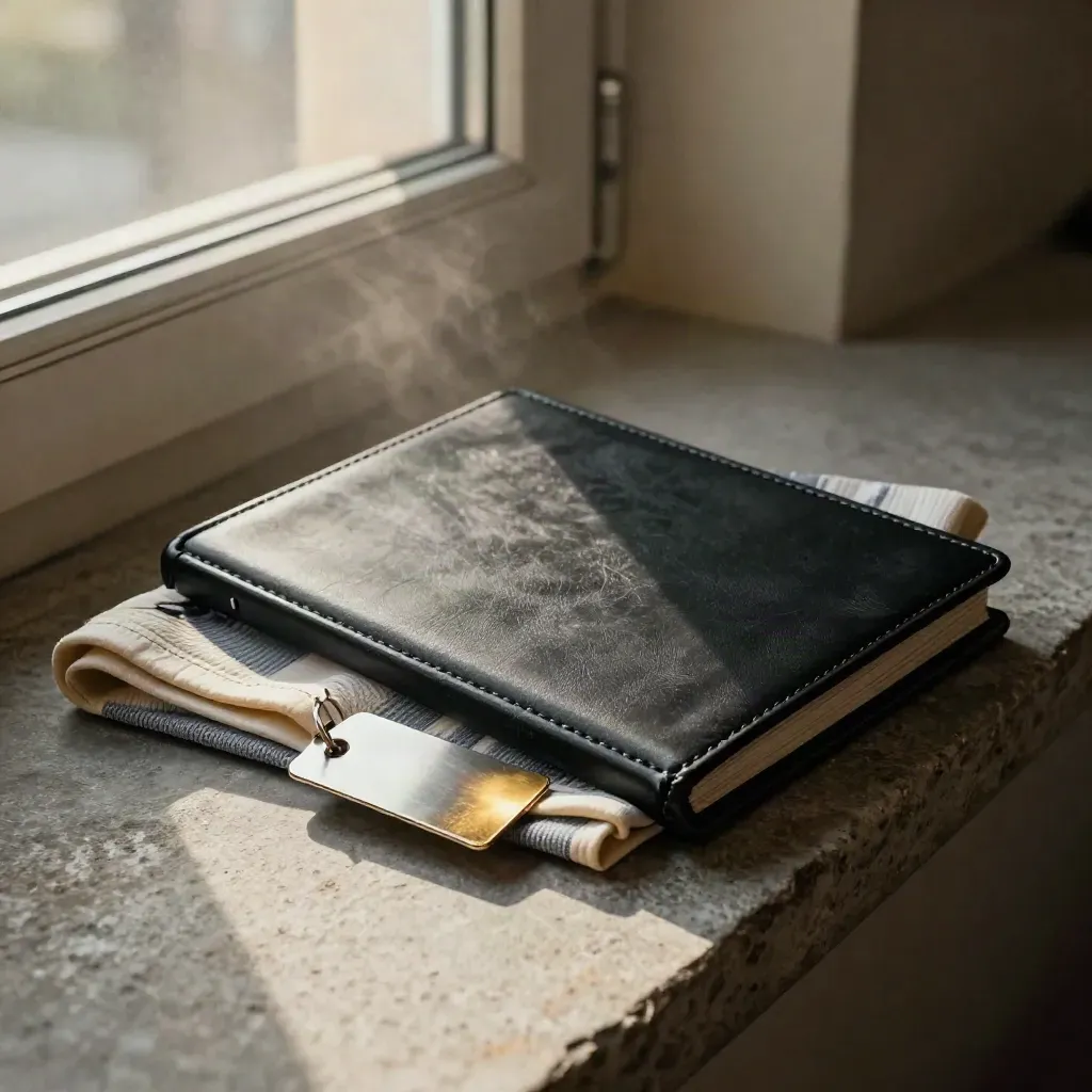 Black case file, jersey swatch and metal tag on a stone ledge in warm corridor light.
