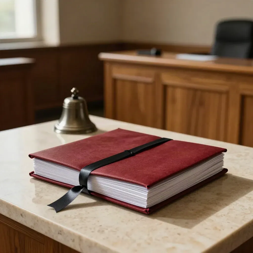 Deep red evidence bundle, tribunal bell and oak hearing block on pale travertine.