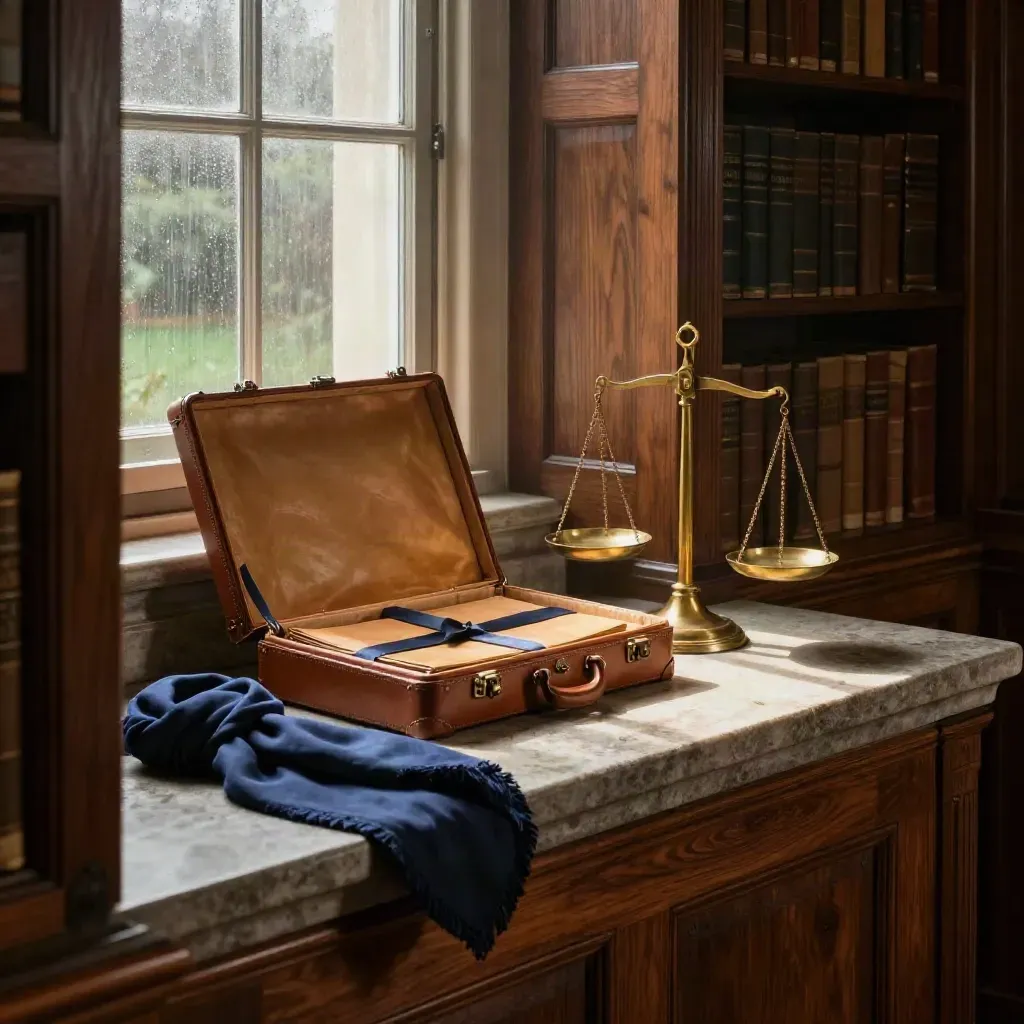 Walnut law library corner with leather case, brass scales, sealed dossier bundle and navy scarf.