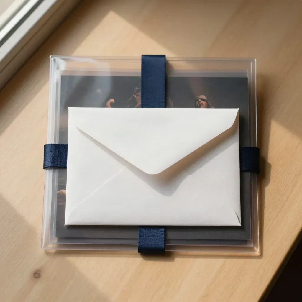 Overhead rights pack with glossy sleeves and a sealed envelope on pale ash wood.