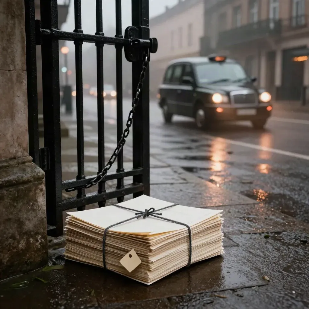 Courier-tied legal file bundle by a locked stadium gate as a black cab pulls away on wet pavement.