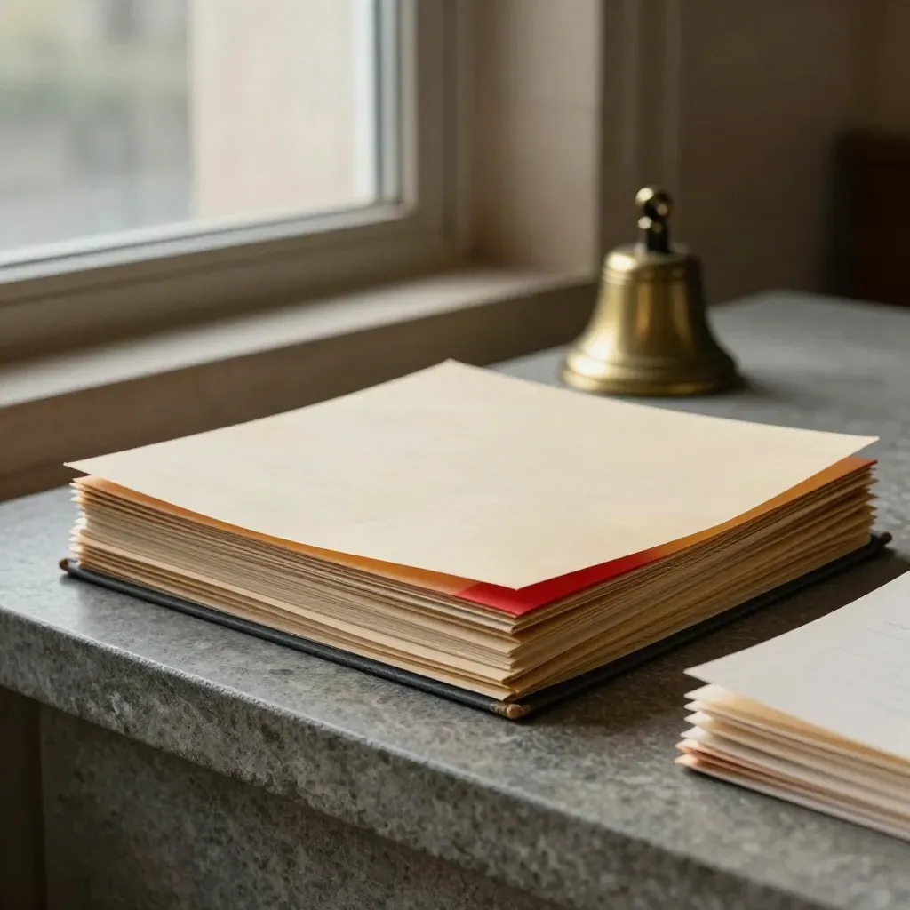 Slim legal file with crimson tab and brass bell on stone in a quiet tribunal archive.