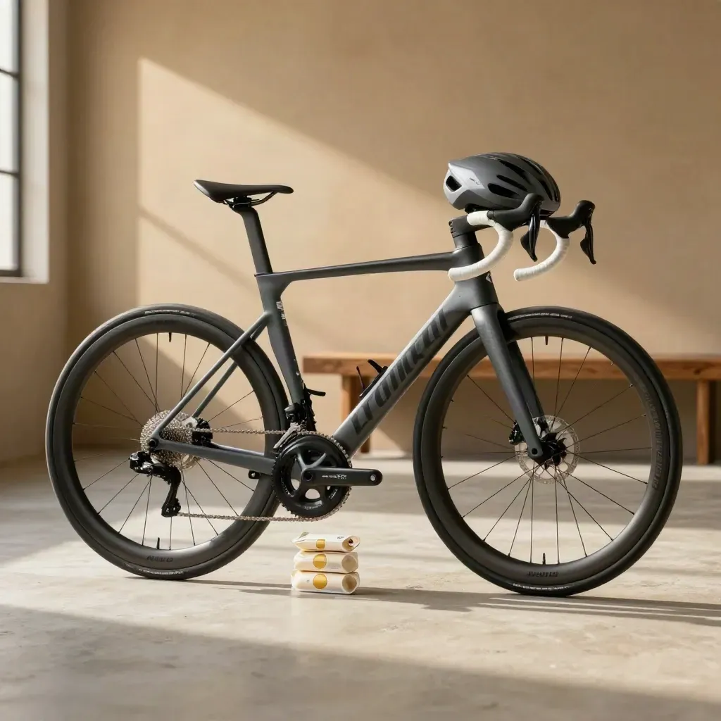 Carbon road bike with helmet and sealed legal sleeves on sunlit pale concrete.