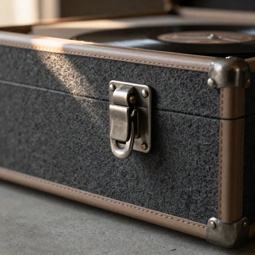 Charcoal archive box with closed steel latch beside acoustic felt panels in a quiet records room.