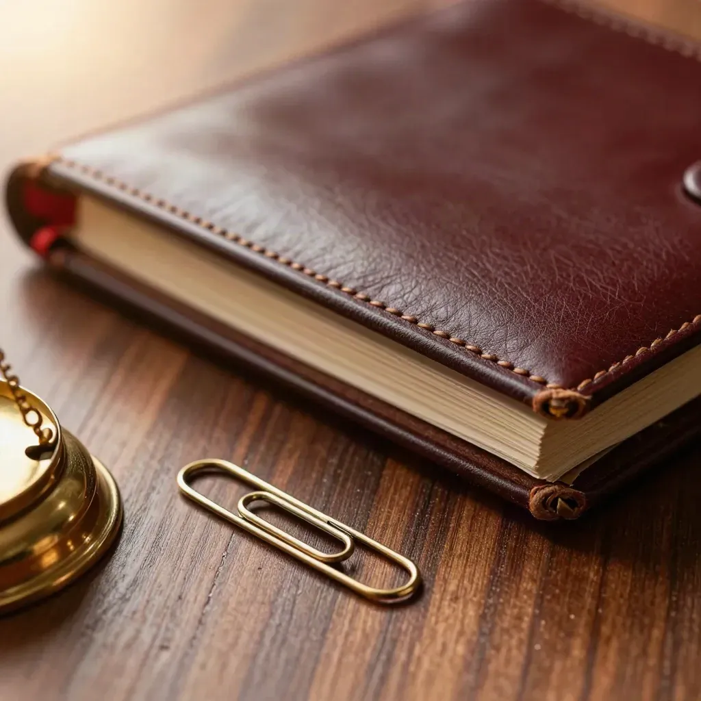Brass scales, leather folio and gold paperclip on walnut in warm macro light.