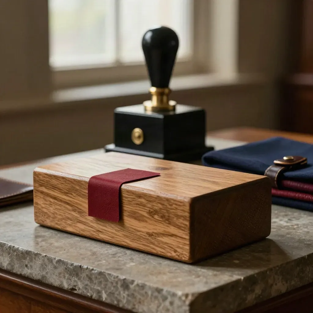 Oak hearing block, red docket tab and stamp base on stone in dramatic studio light.