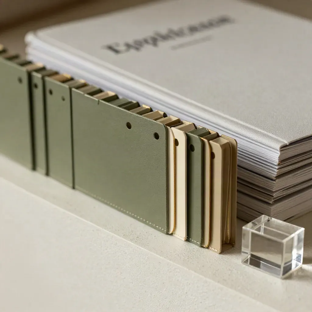 Colour-coded audit tabs beside closed compliance manuals and acrylic weight on pale plaster.