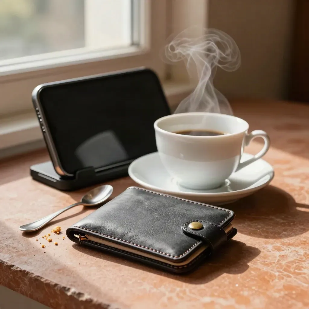 Tea, leather message wallet and phone cradle on warm stone with steam
