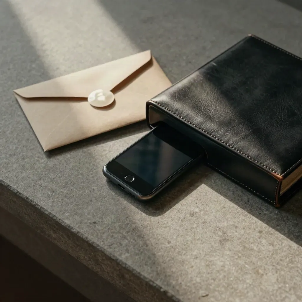 Envelope, phone and leather file case on stone, top-down still life.