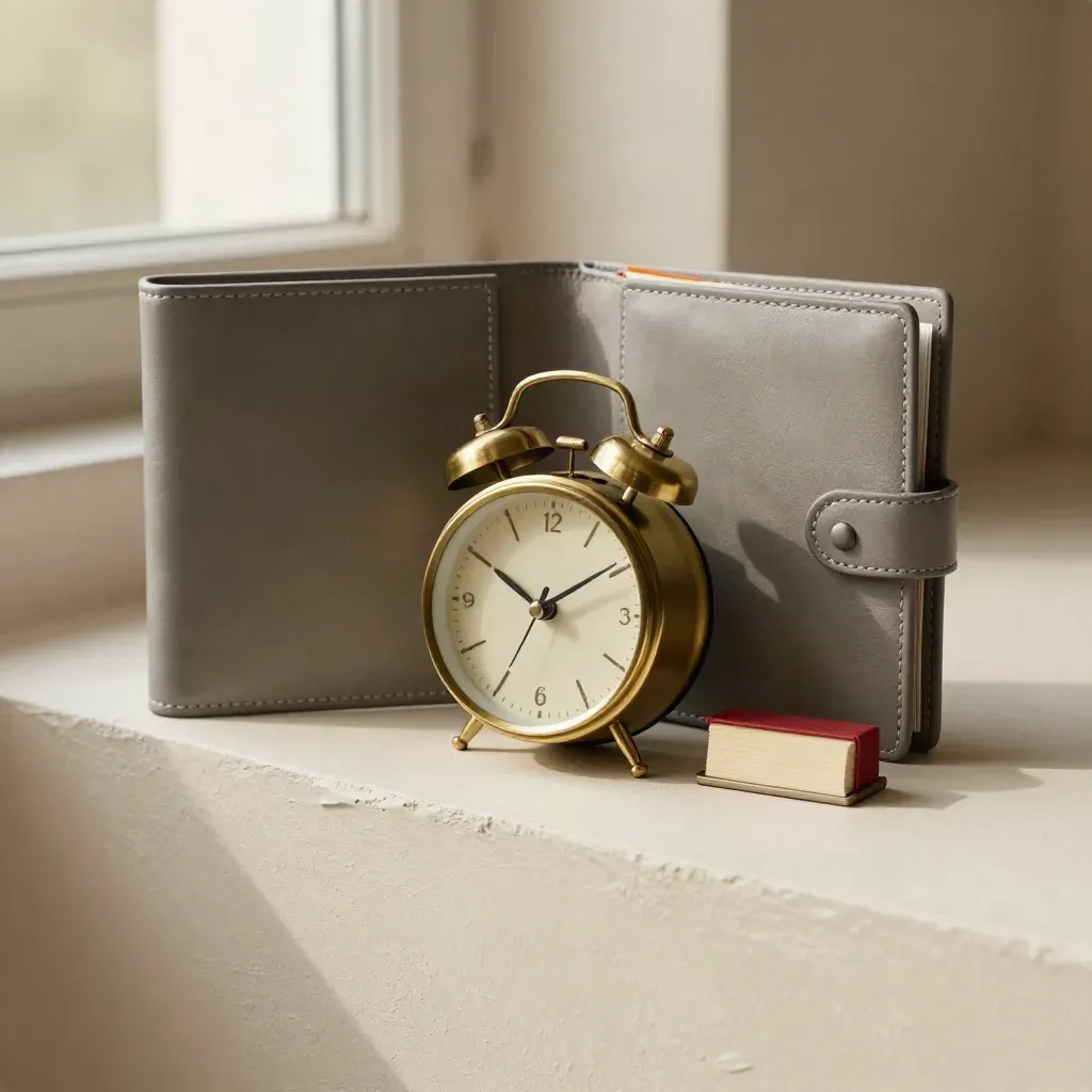 Brass clock beside stacked file wallets and a clipped index block on warm plaster