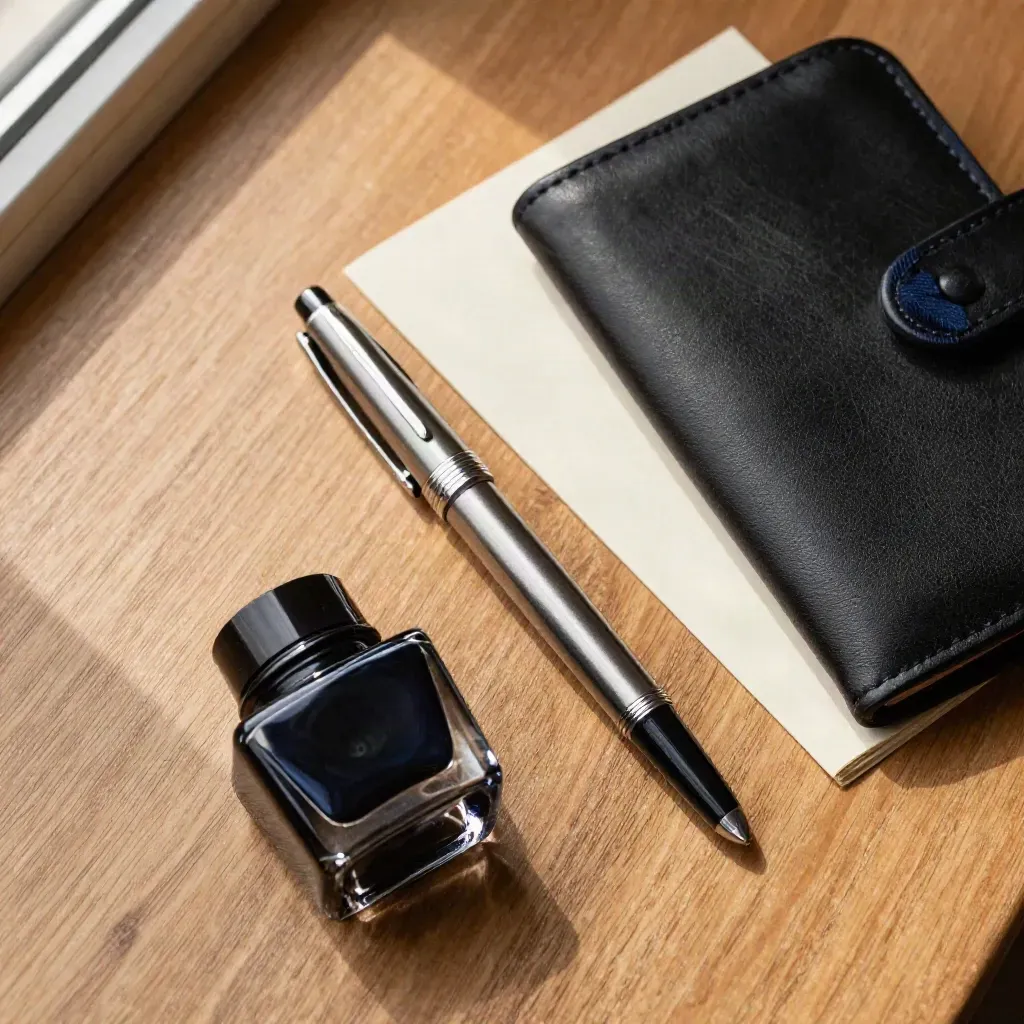 Overhead flatlay of a fountain pen, ink bottle and leather note wallet on pale oak