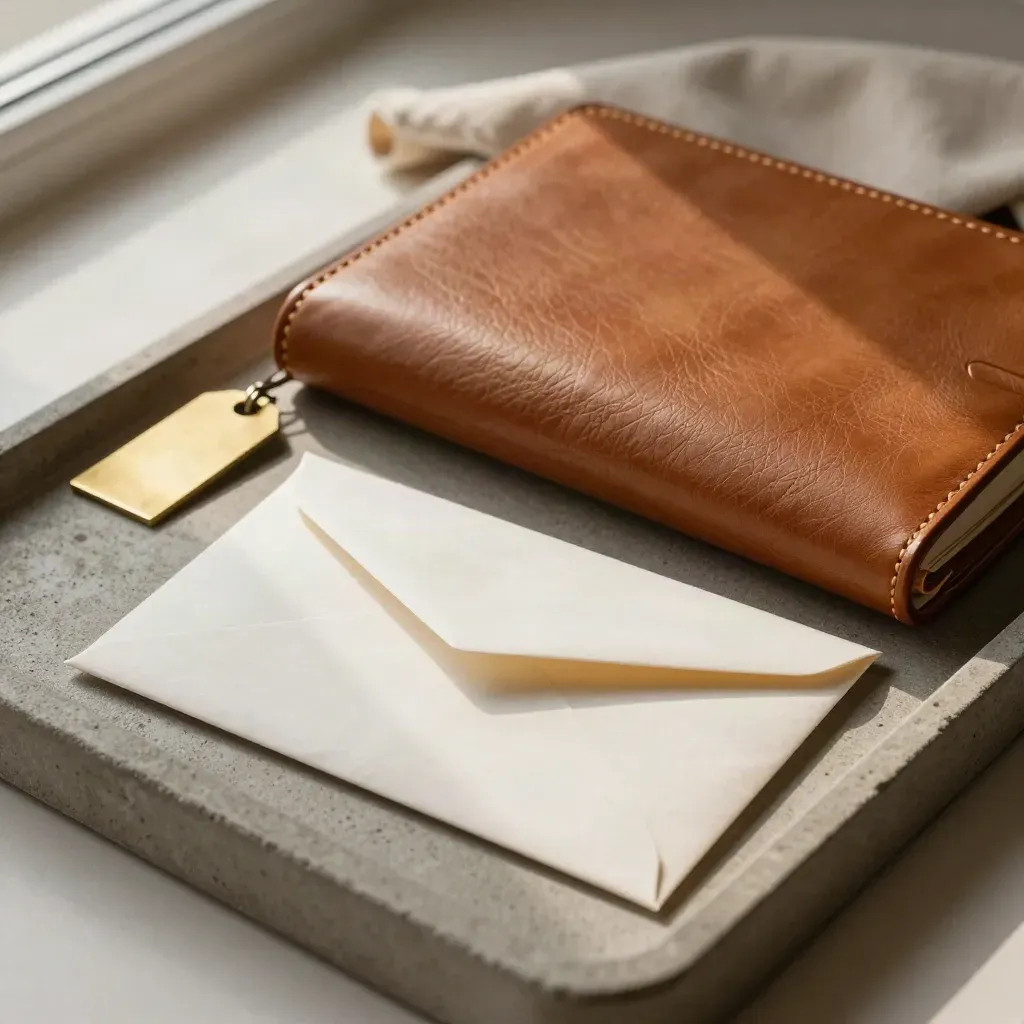 Sealed envelope, leather file case and brass tag on stone tray, softly lit still life.
