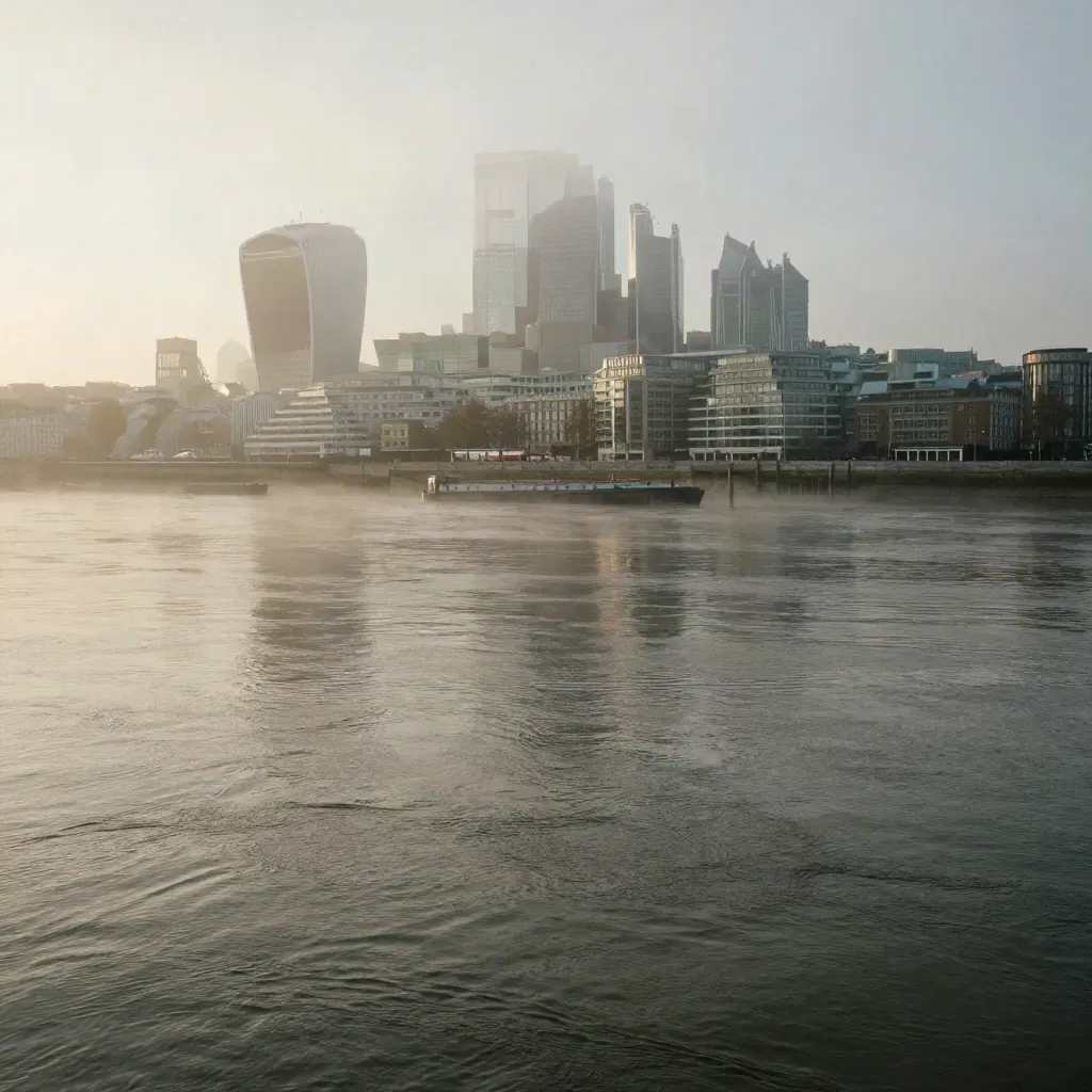 Foggy Thames at dawn with the London skyline high above calm water