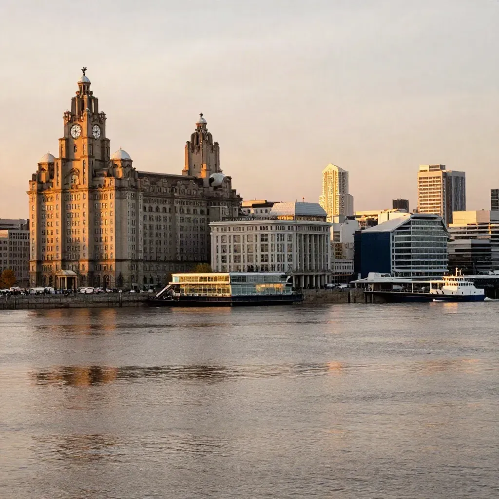 Liverpool waterfront and the Mersey at golden hour, skyline high and calm water below